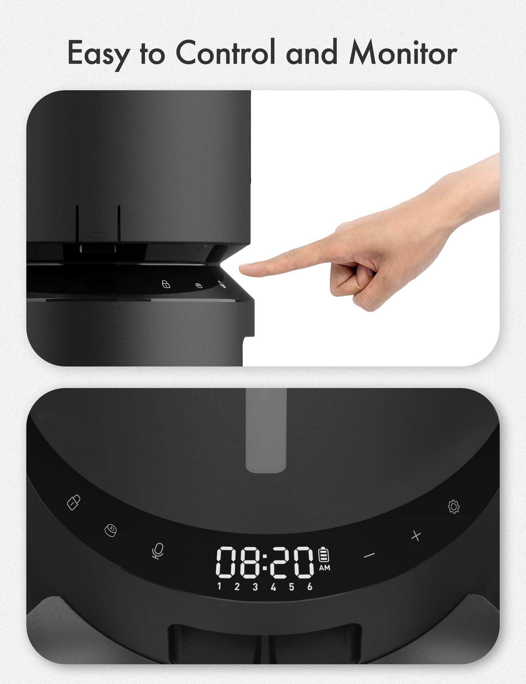 Close-up of a digital display on a pet feeder, showing time and controls.