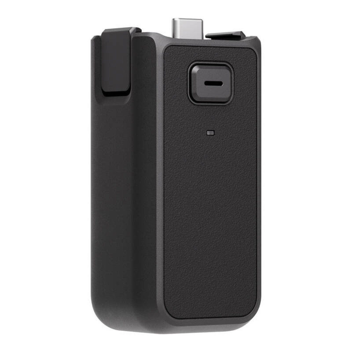 Un dispositivo rettangolare nero con porta USB-C e un pulsante. Ha una superficie strutturata.