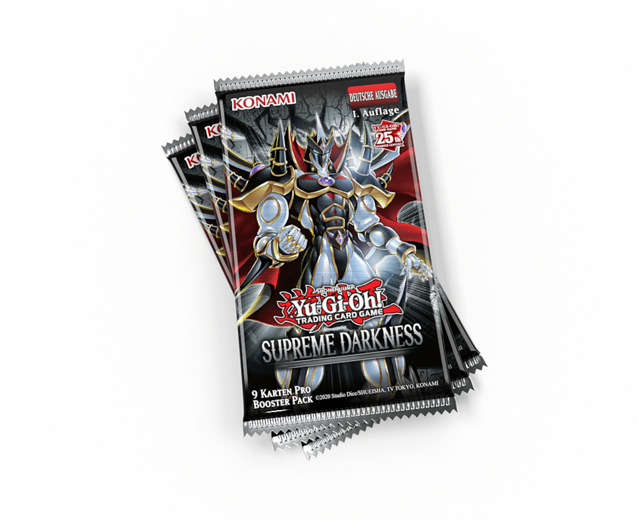 Drei Packungen Yu-Gi-Oh! Sammelkarten. Die Packungen haben einen schwarzen Hintergrund und ein rot-weißes Design.