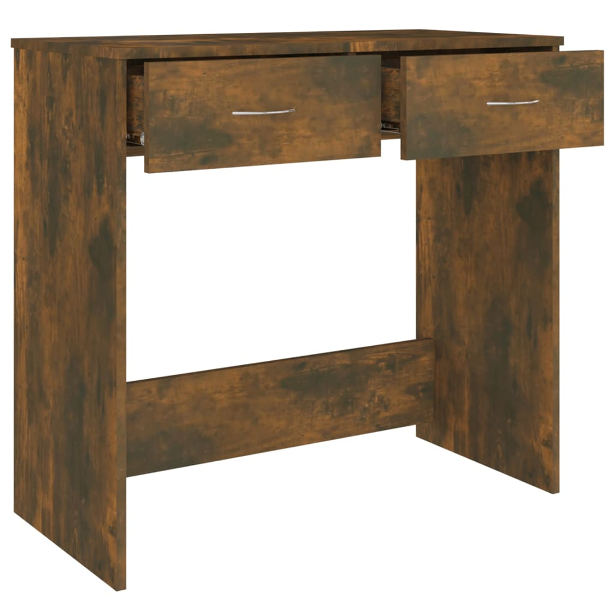 Brauner Schreibtisch mit geöffneten Schubladen. Der Schreibtisch hat ein schlichtes Design. Weißer Hintergrund.