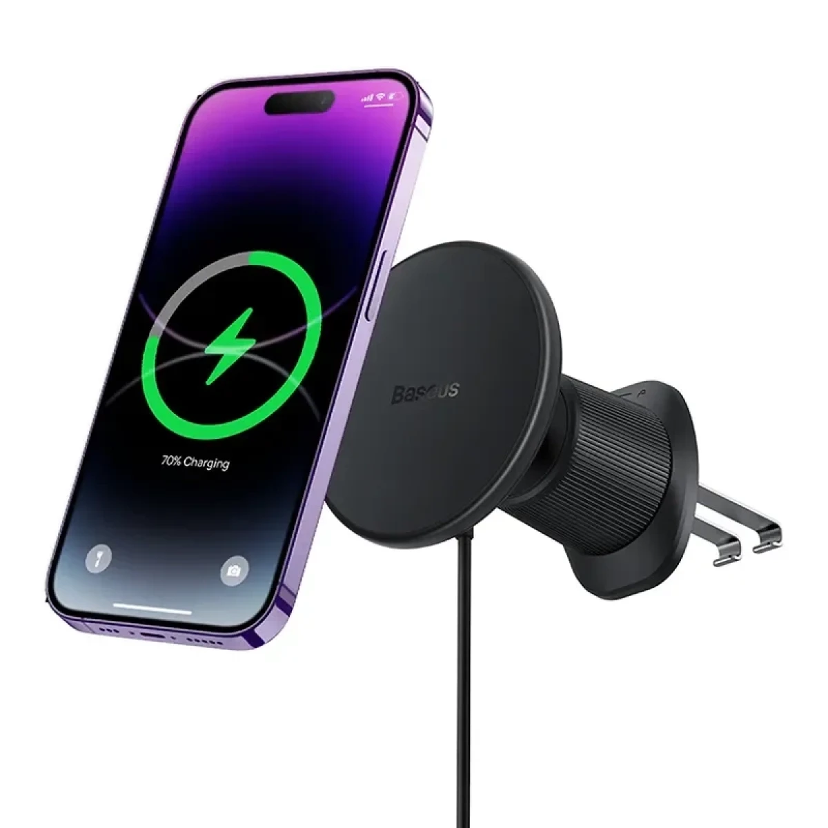 Ein schwarzes Telefon, das an einer magnetischen Autohalterung geladen wird. Das Telefon zeigt ein Ladesymbol. Schwarze Baseus-Halterung.