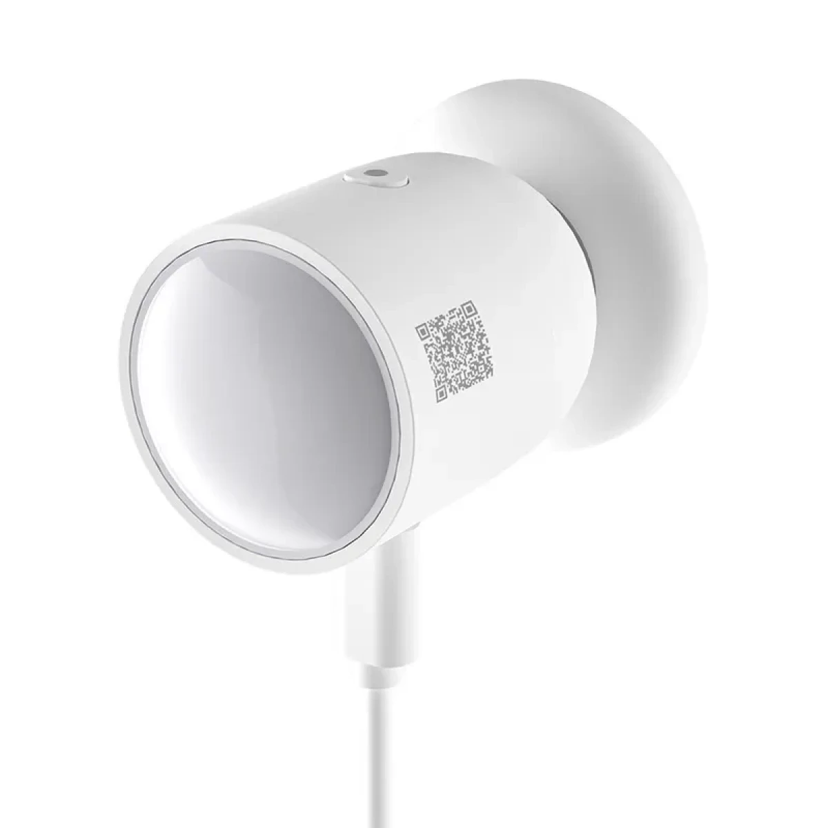 Biała kamera bezpieczeństwa. Cylindryczny korpus z zaokrąglonym przodem, kodem QR i białą podstawą. Biały kabel.