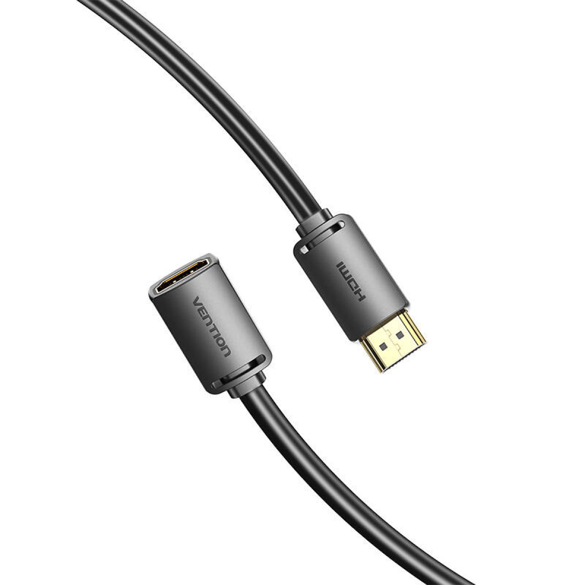 HDMI-Kabel mit zwei Enden. Ein Ende ist HDMI, das andere ist ein Buchsenanschluss. Schwarzes Kabel.