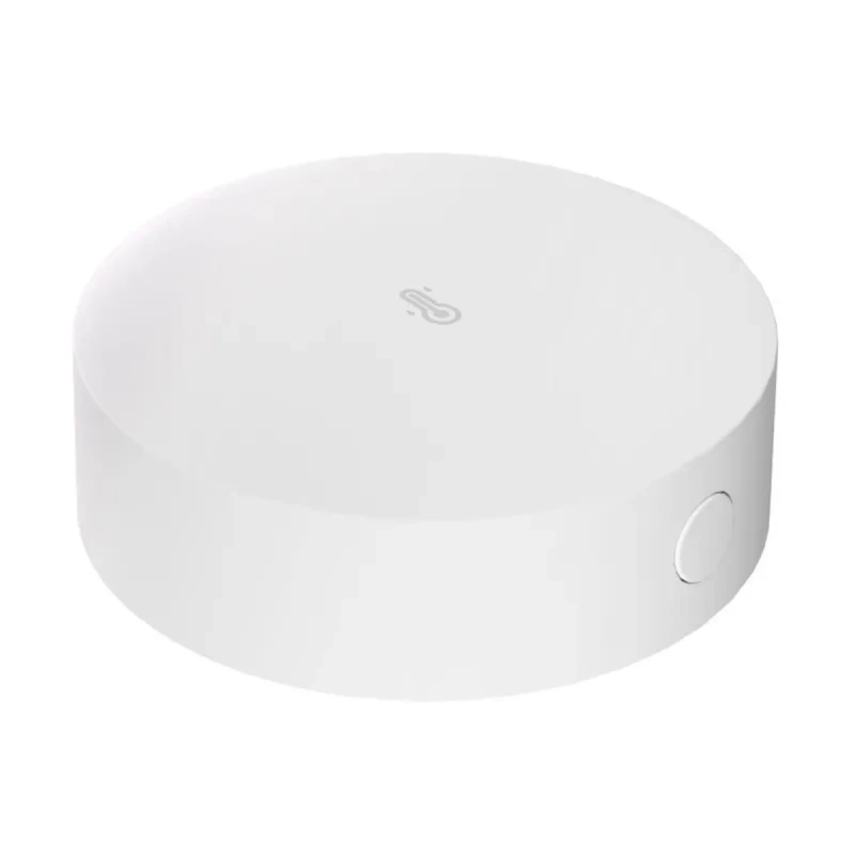 Ein weißes, rundes Smart-Home-Gerät mit einem Temperatursymbol oben.