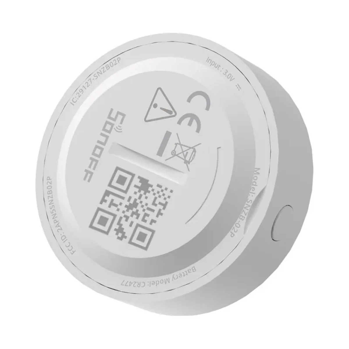 Ein weißes Sonoff Smart Home Gerät mit QR-Code und Etiketten, isoliert auf weißer Oberfläche.
