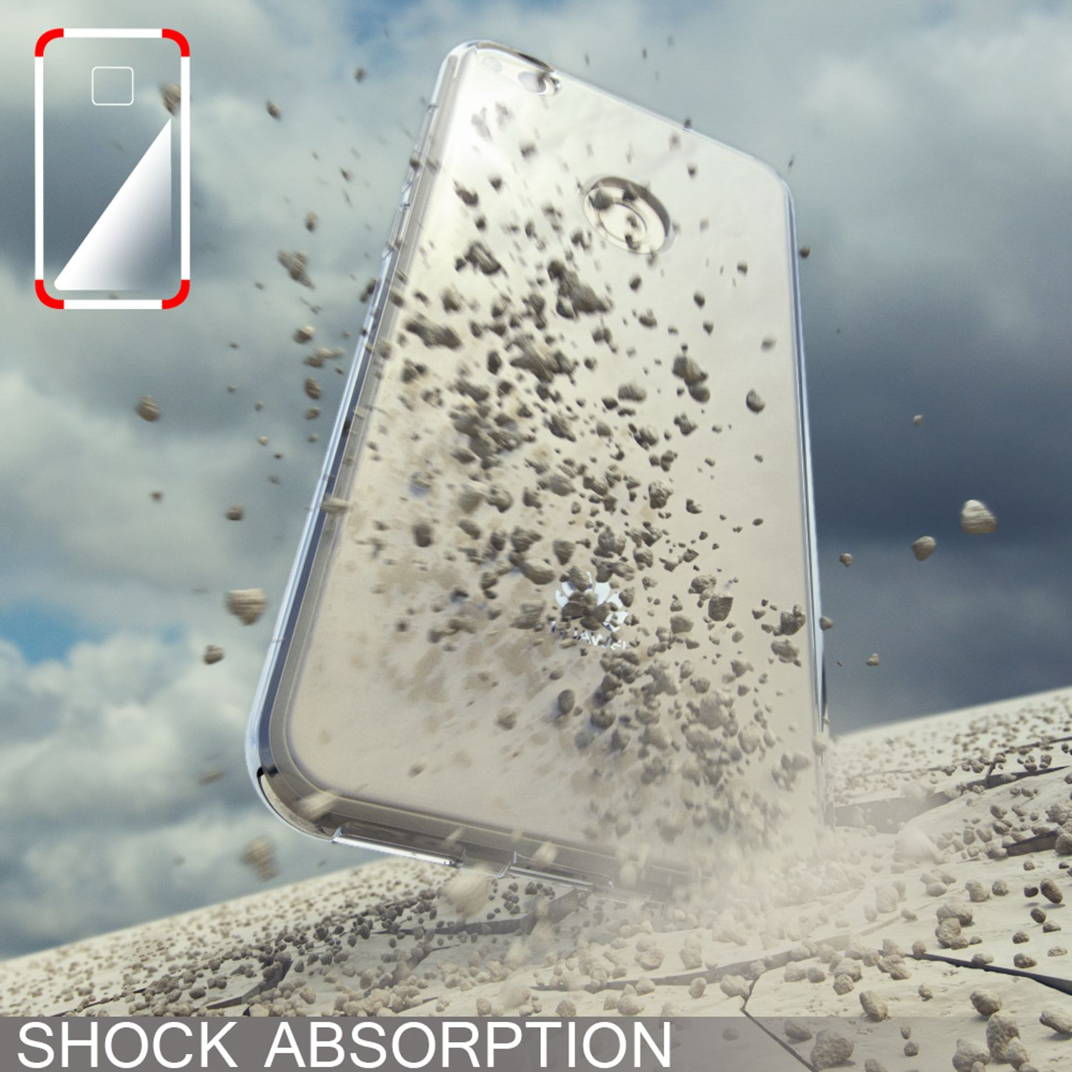 Funda de teléfono golpeada por escombros que caen. La funda es transparente, con un respaldo blanco.