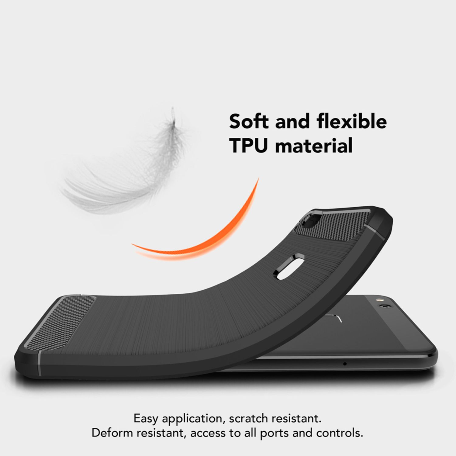 Schwarze Handyhülle biegt sich. Text: 'Weiches und flexibles TPU-Material'. Weich und flexibel.