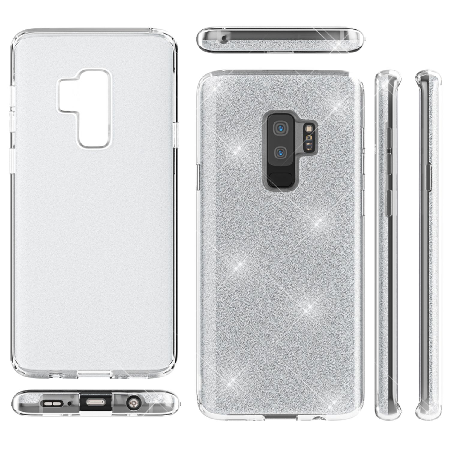 Una custodia trasparente per telefono con glitter. Ci sono più viste della custodia che mostrano il suo design.