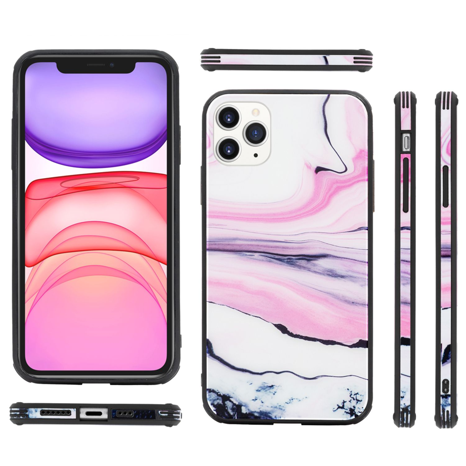 Handyhülle mit rosa und weißem Marmordesign. Mehrere Ansichten: vorne, hinten, oben und Seiten.