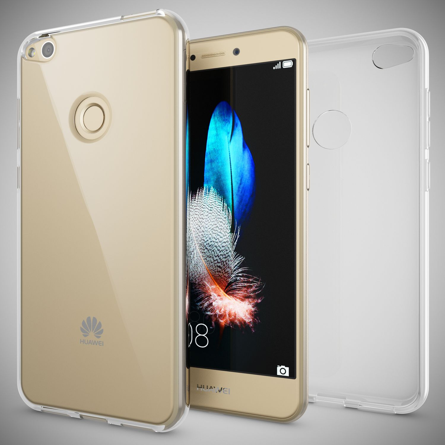 Teléfono dorado con funda transparente. Con el logotipo de Huawei. Múltiples vistas.