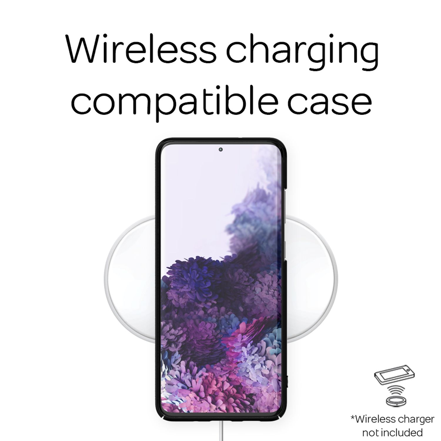 Schwarzes Telefon mit Hülle auf einem weißen kabellosen Ladegerät. Text: 'Wireless charging compatible case'.