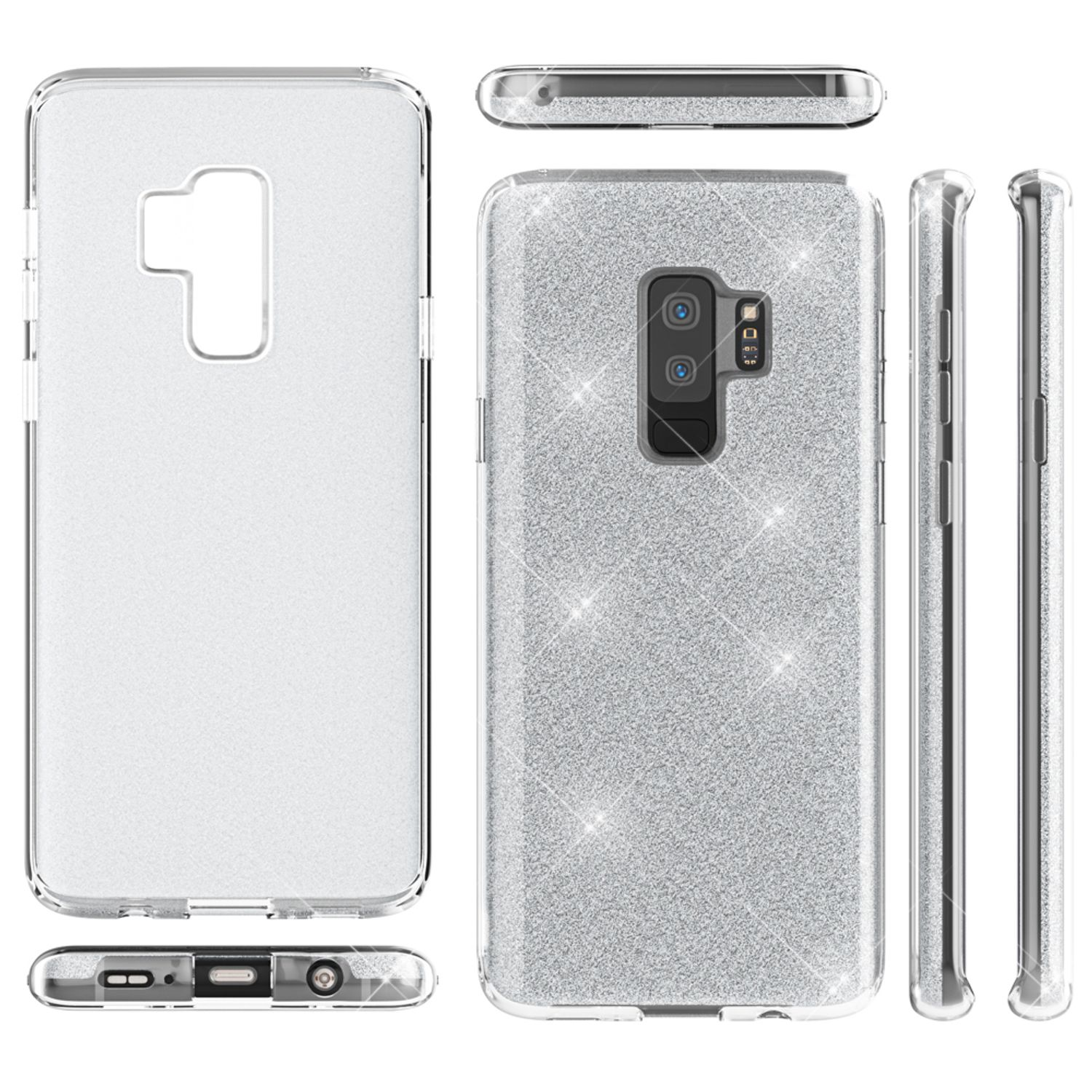 Custodia per telefono argento glitterata in varie viste. Sfondo bianco.