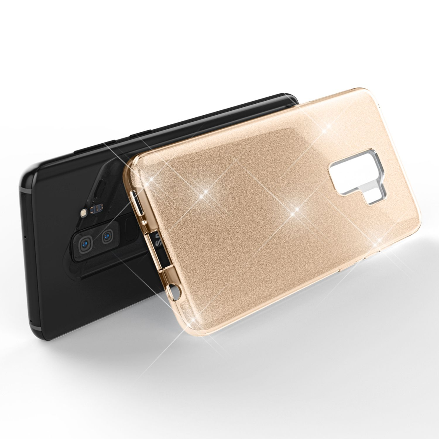Custodia per telefono oro glitterata. La custodia è sopra un telefono nero. Visualizzazioni multiple.