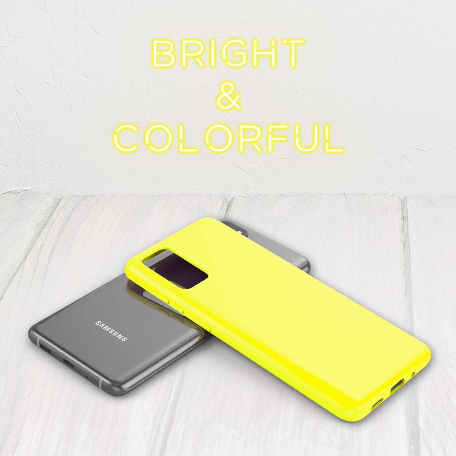Zwei Telefone, grau und gelb, mit den Worten "Bright & Colorful" darüber.