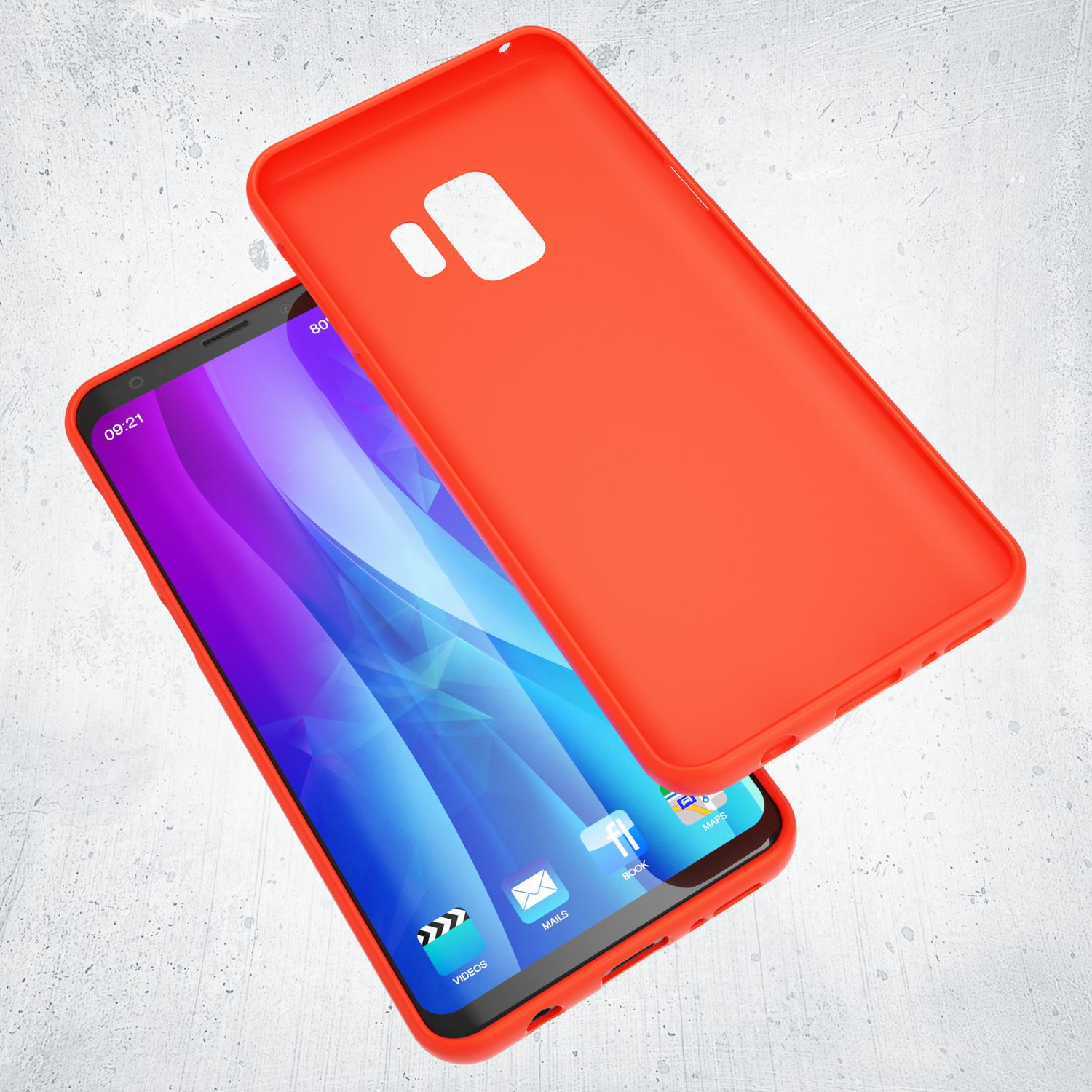 Ein Smartphone mit orangefarbener Hülle, daneben eine Telefonhülle. Der Bildschirm ist sichtbar.