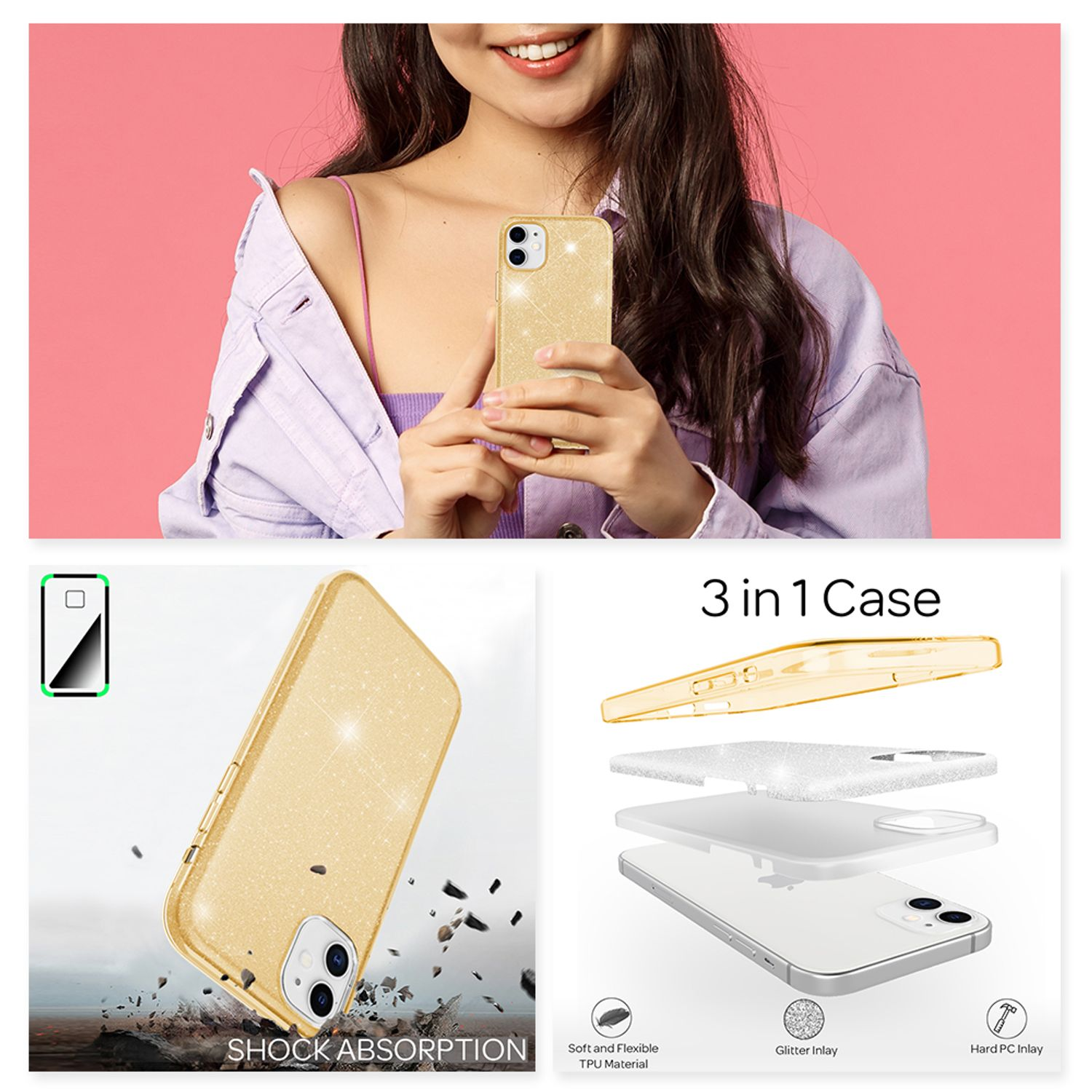 Frau hält ein Telefon mit goldener Hülle. Zusätzliche Hüllen und Diagramme gezeigt. Weißer Hintergrund.
