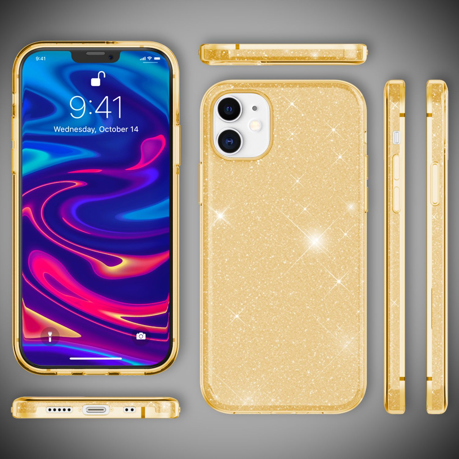Goldene Glitzer-Handyhülle mit einem Telefon, in verschiedenen Ansichten. Weißer Hintergrund.