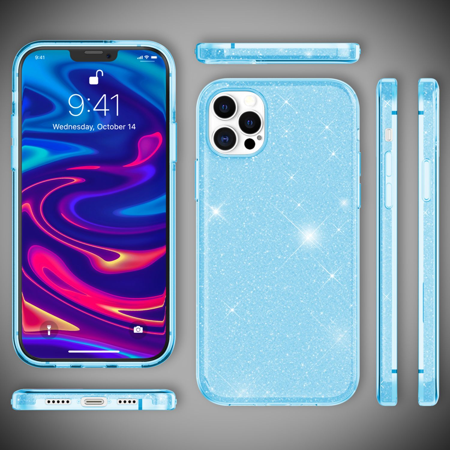 Eine hellblaue Glitzer-Handyhülle mit einem Telefon darin, das die Uhrzeit und ein farbenfrohes Bild zeigt.
