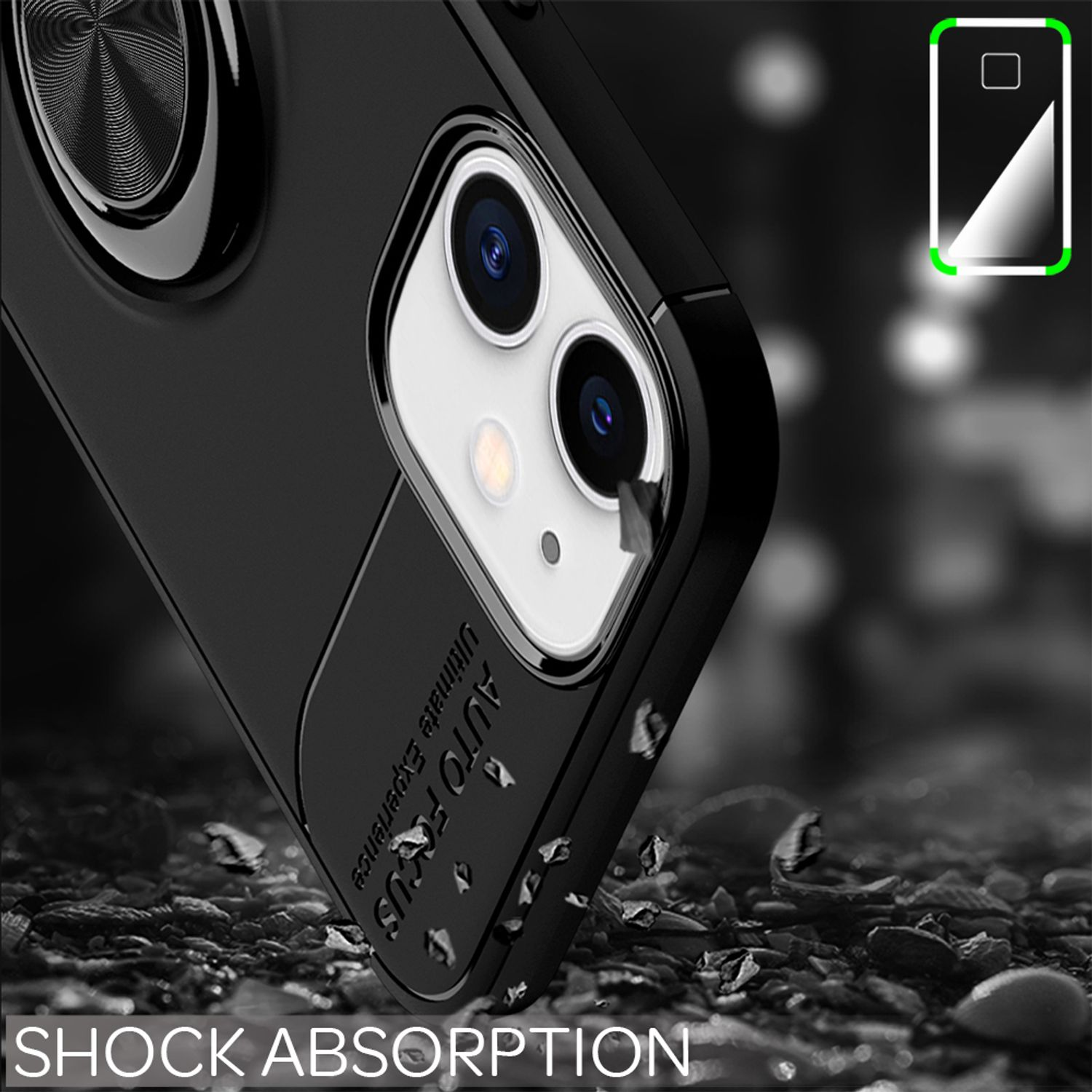 Una funda negra para teléfono con las palabras 'AUTO FOCUS' y 'SHOCK ABSORPTION'. Un teléfono está sobre una superficie rugosa.