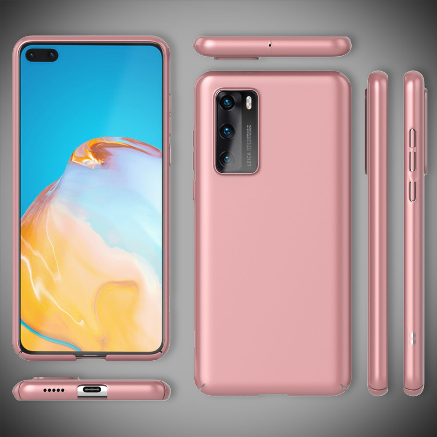 Rosa Handyhülle mit Telefon. Mehrere Ansichten der Hülle. Der Telefonbildschirm zeigt ein farbenfrohes Bild.