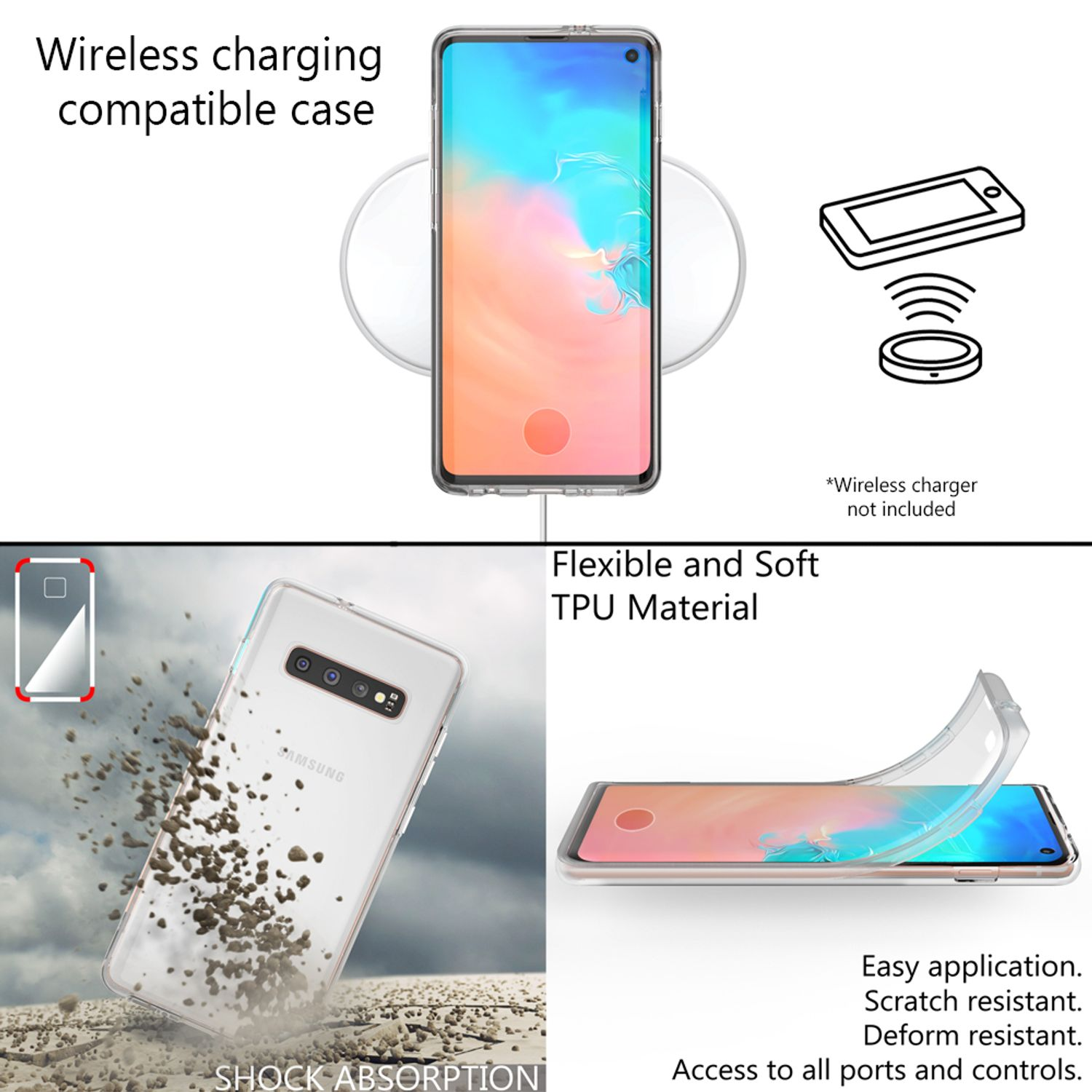 Schwarze Handyhülle mit transparentem Telefon. Kabelloses Ladegerät und eine Grafik, die kabelloses Laden zeigt.