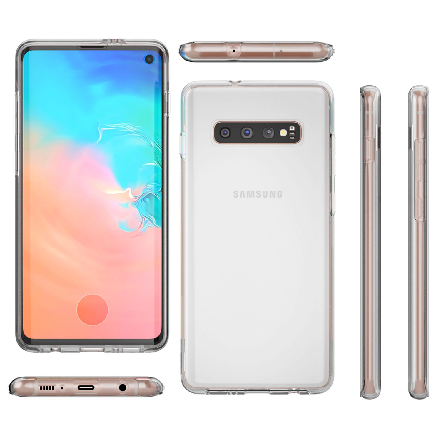 Transparente Handyhülle mit Telefon. Mehrere Ansichten der Hülle. Der Telefonbildschirm ist eingeschaltet und hat ein farbenfrohes Bild.