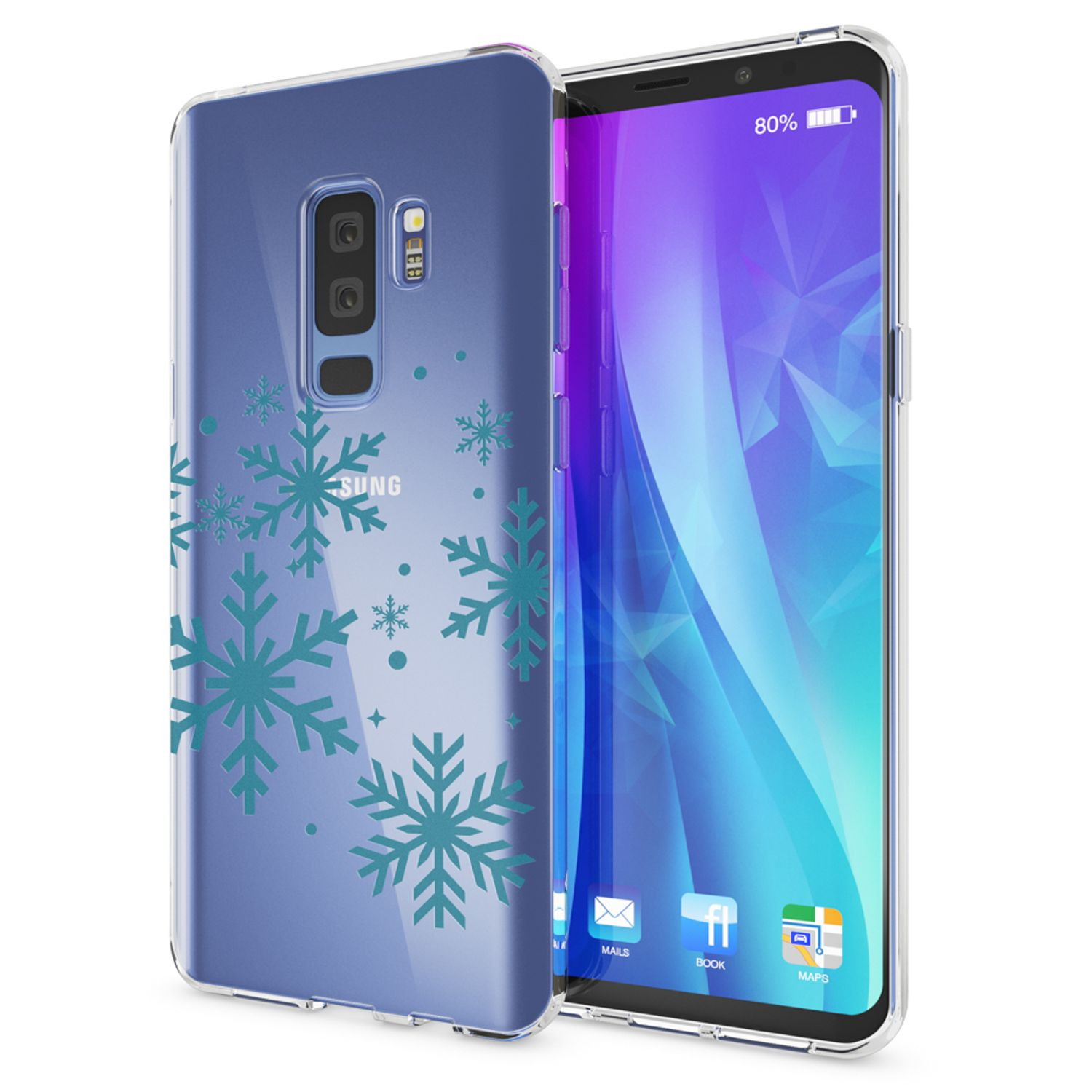 Telefon mit Schneeflocken-Design-Hülle. Die Hülle ist transparent mit blauen Schneeflocken. Der Bildschirm zeigt eine lila Benutzeroberfläche.