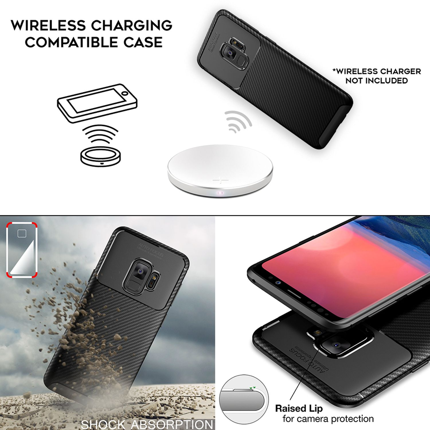 Immagini multiple di una custodia per telefono e caricabatterie wireless. Il testo menziona la ricarica wireless e l'assorbimento degli urti.