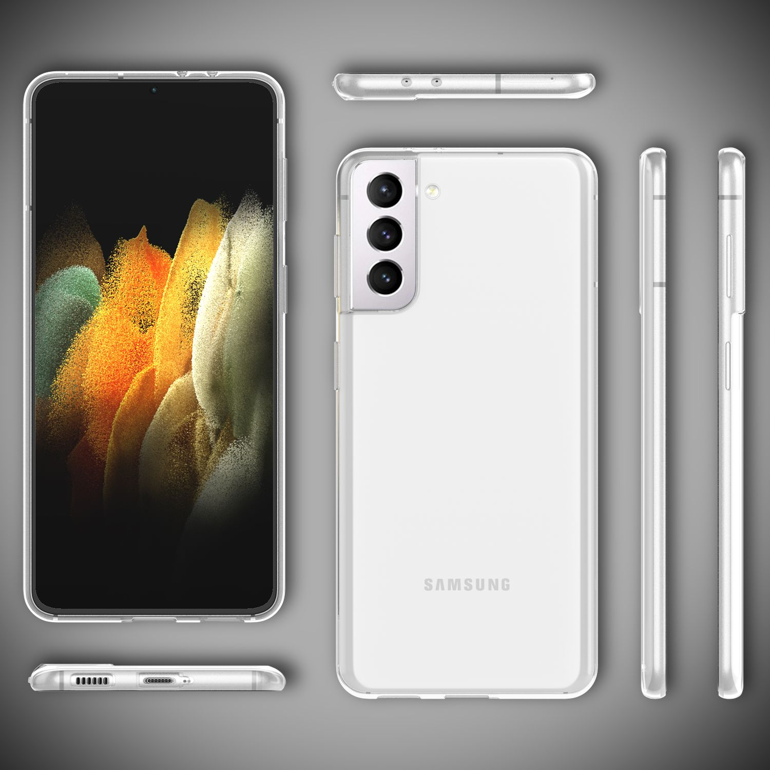 Telefon mit transparenter Hülle, aus verschiedenen Winkeln gezeigt. Das Telefon ist weiß und in einer transparenten Hülle. 3 Kameras.