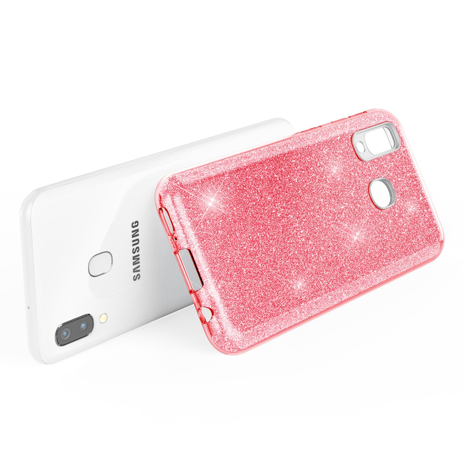 Zwei Telefone mit pinkfarbener Glitzerhülle. Eins in der Hülle, das andere dahinter.