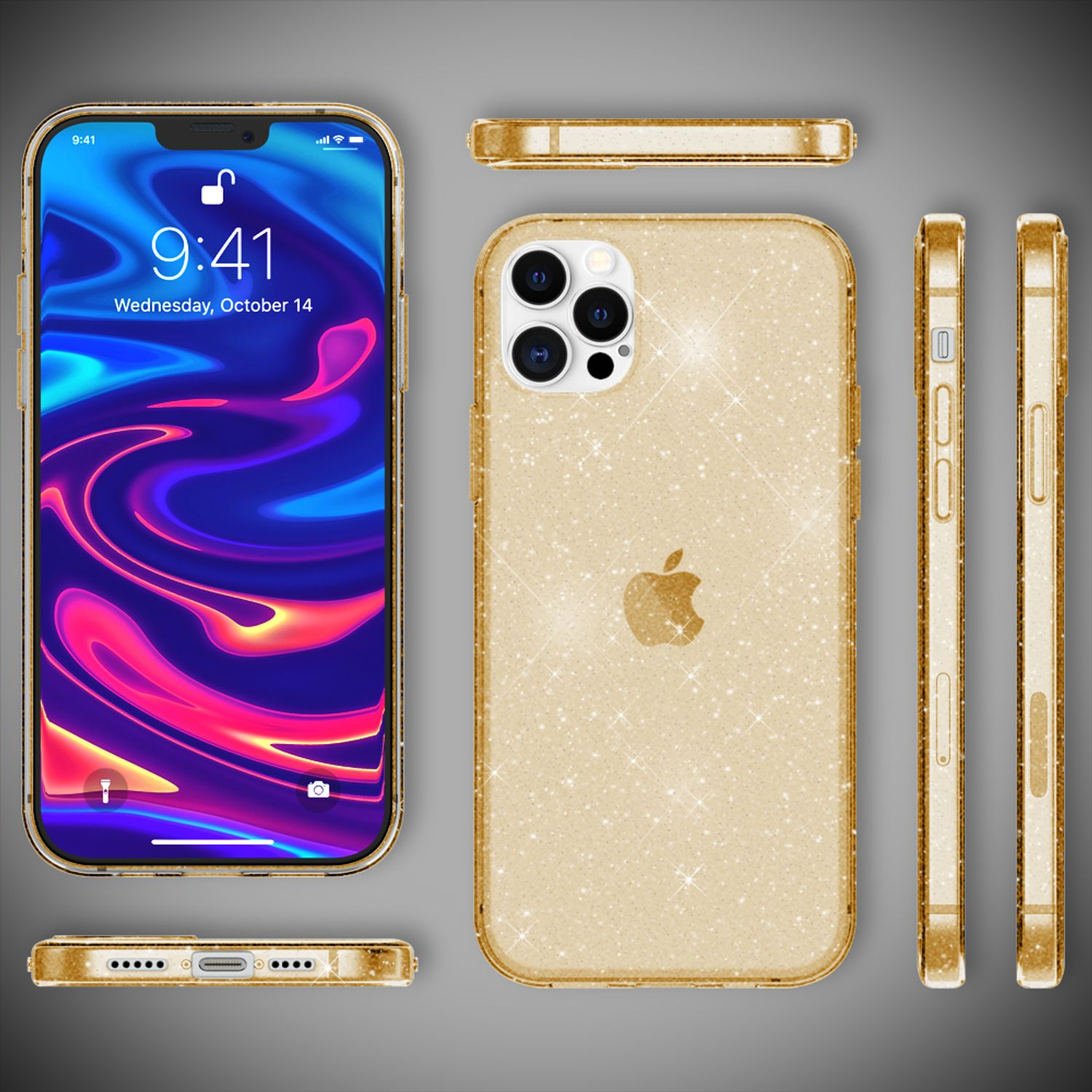 Funda dorada con teléfono, múltiples vistas. La pantalla muestra fondo colorido.