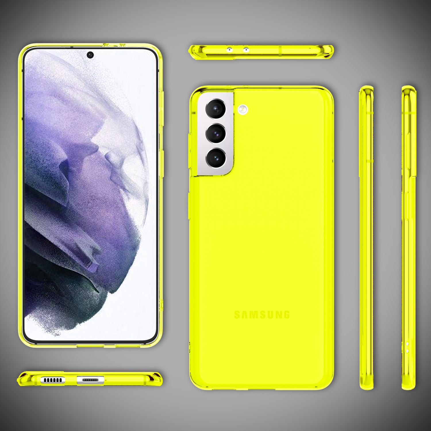 Gelbe Handyhülle mit Handy, verschiedene Winkel. Der Hintergrund ist grau.