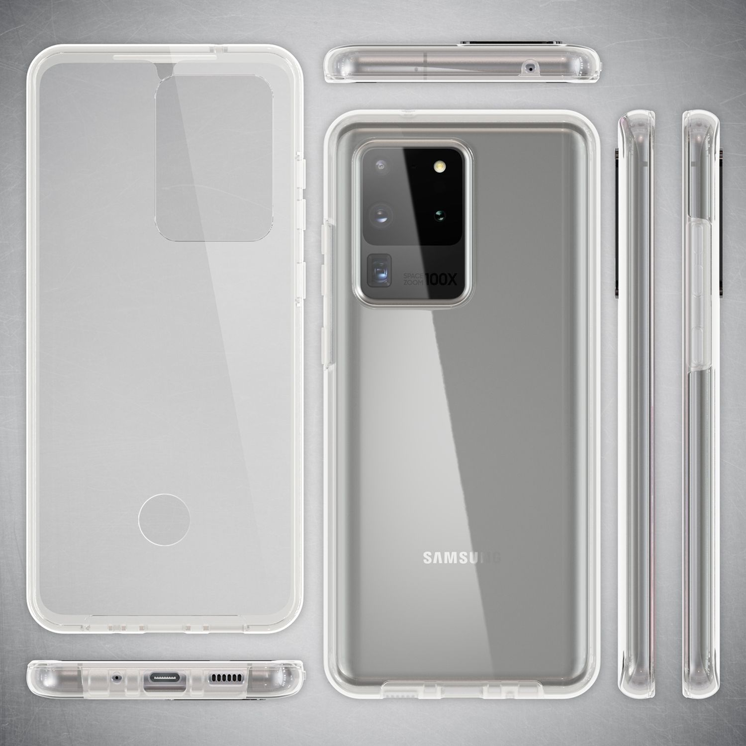 Transparente Handyhülle mit Telefon, verschiedene Winkel. Der Hintergrund ist grau.