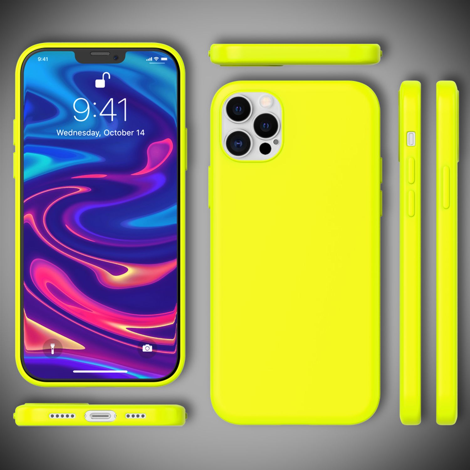 Gelbe Handyhülle mit Handy, verschiedene Winkel. Der Hintergrund ist grau.