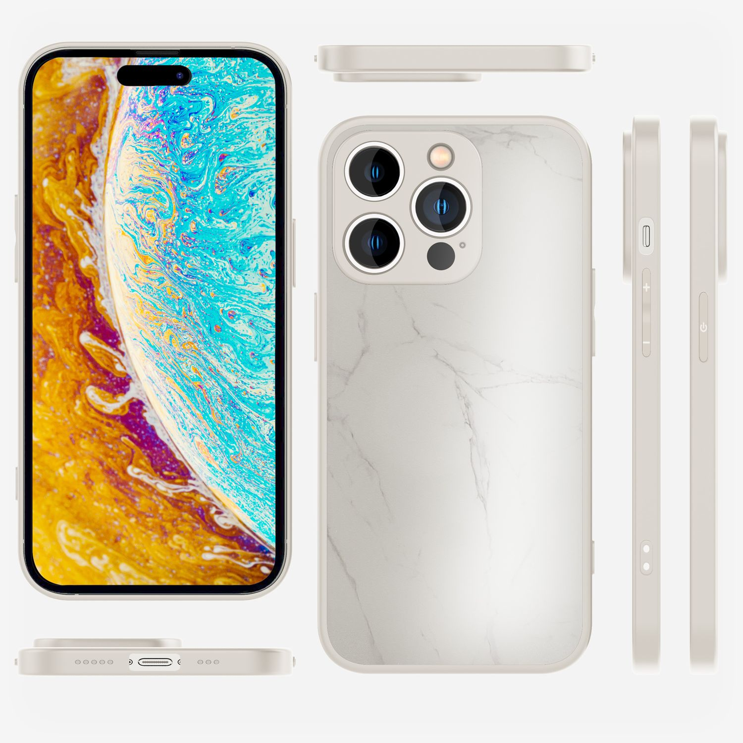 Smartphone mit Marmorgehäuse, weißer Hintergrund, Seiten- und Draufsicht.