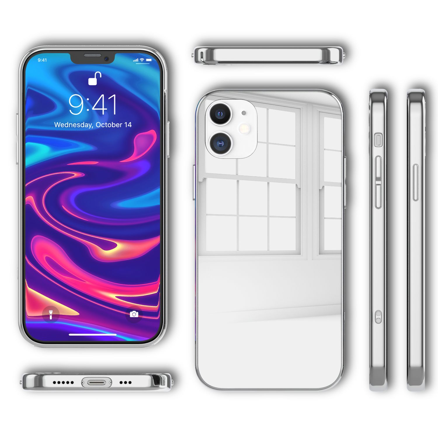 Teléfono con funda espejada. Muestra la pantalla, la parte trasera, los laterales y la vista superior del teléfono.