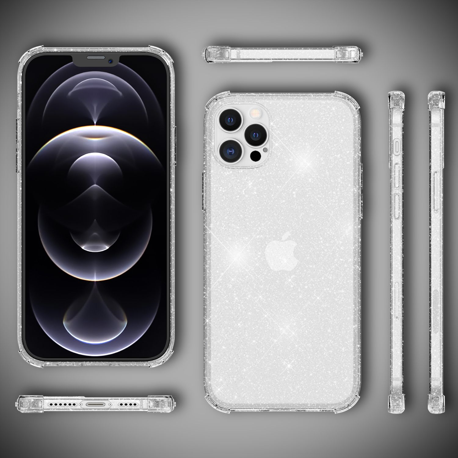 Funda transparente para teléfono. Pantalla del teléfono visible. También se muestran vistas laterales de la funda.