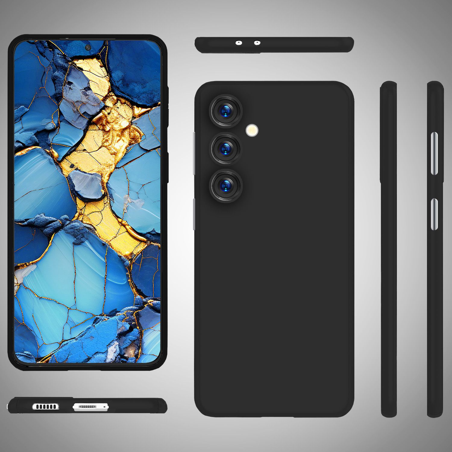 Ein schwarzes Telefon mit mehreren Ansichten, das den Bildschirm, die Rückseite, die Seiten und die Unterseite zeigt.