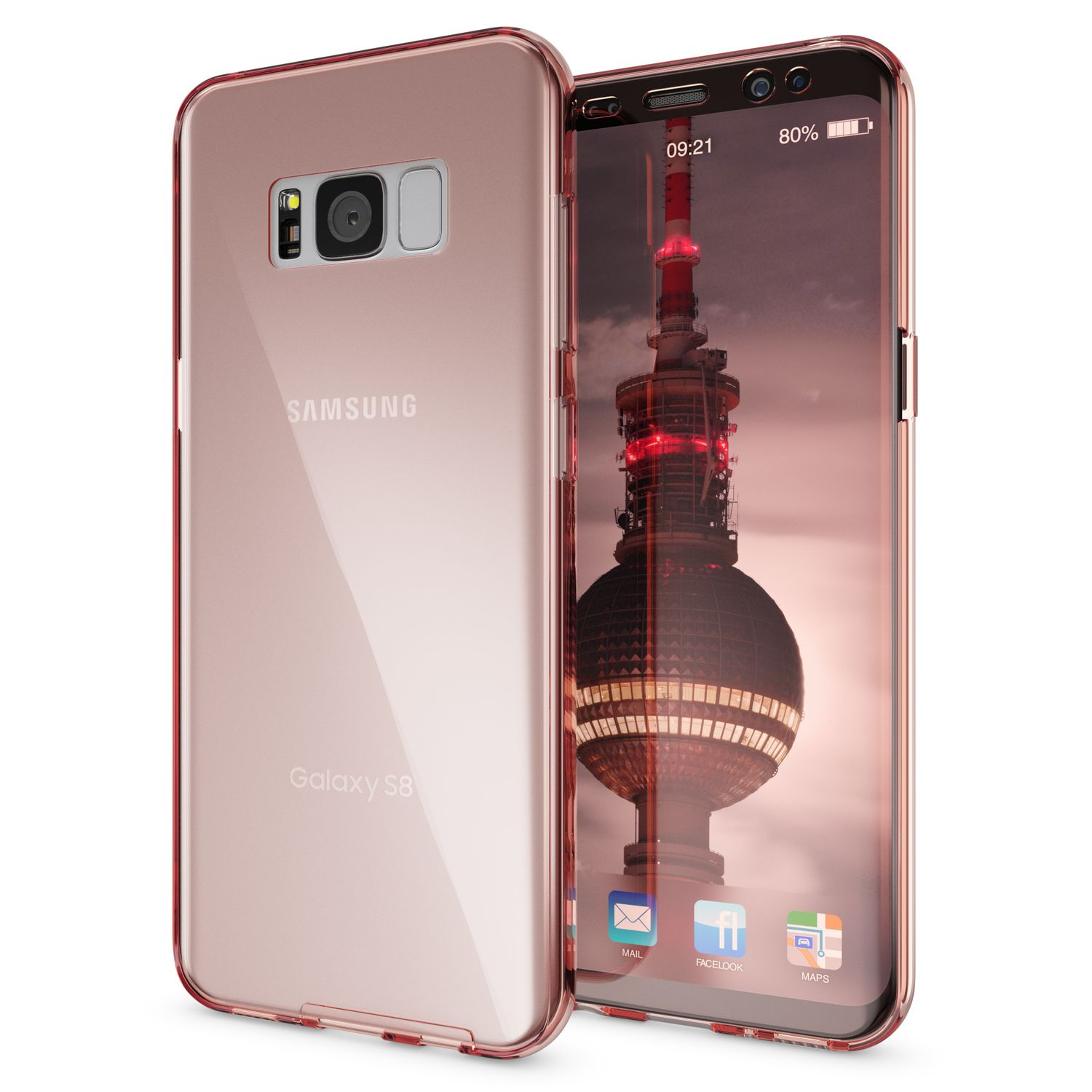 Telefon in einer Hülle. Der Bildschirm zeigt eine Stadtansicht. Die Hülle ist rosa mit einem roten Farbton.