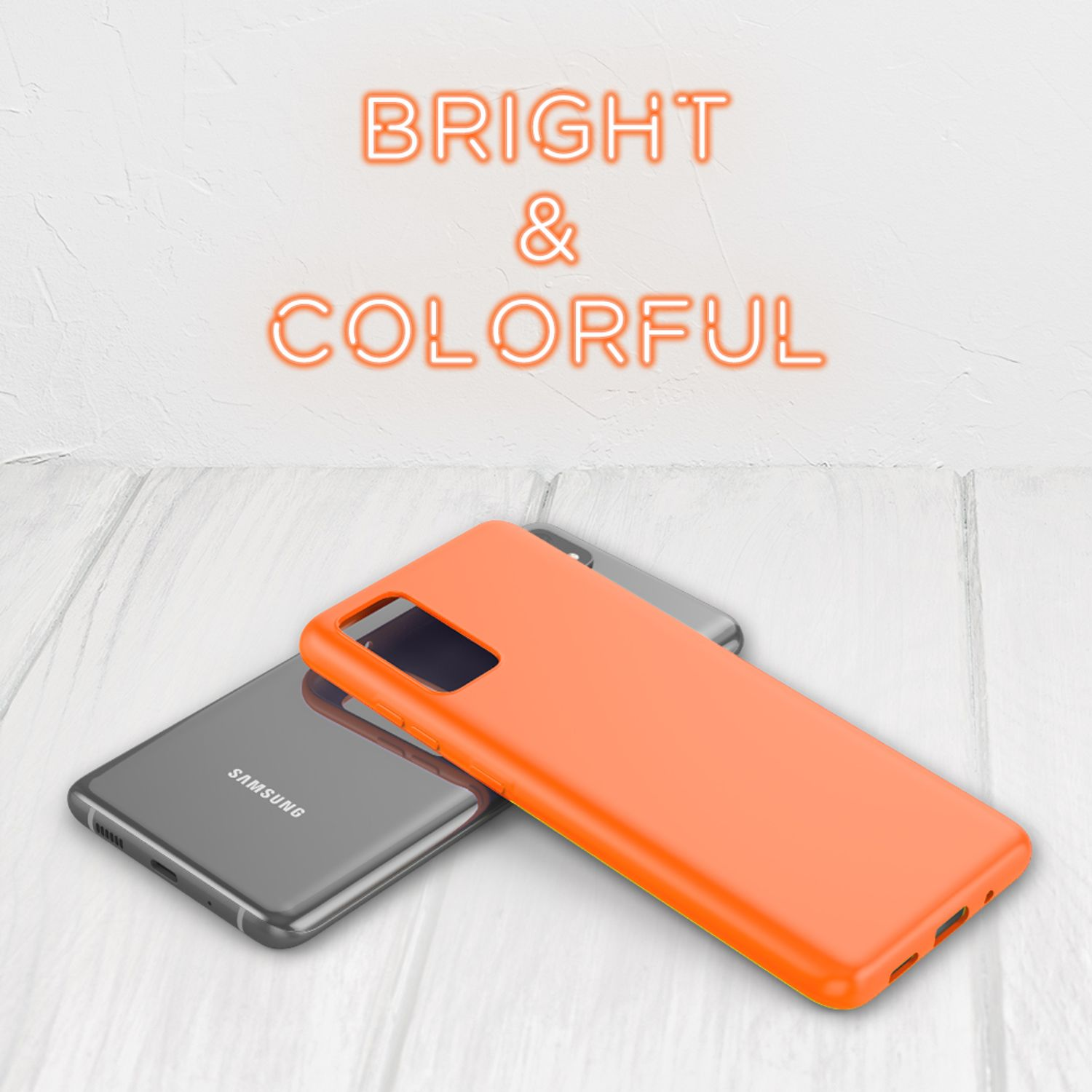 Orangefarbene Handyhülle auf zwei Handys vor hellen Holz. Text sagt "BRIGHT & COLORFUL".