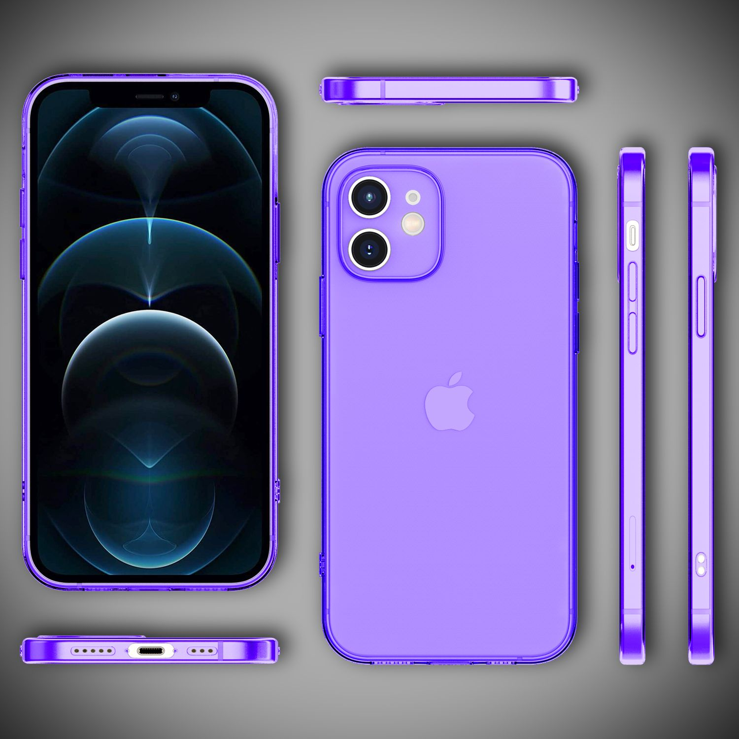 Eine lila iPhone-Hülle in mehreren Ansichten: vorne, hinten, Seiten und unten, auf grauer Oberfläche.