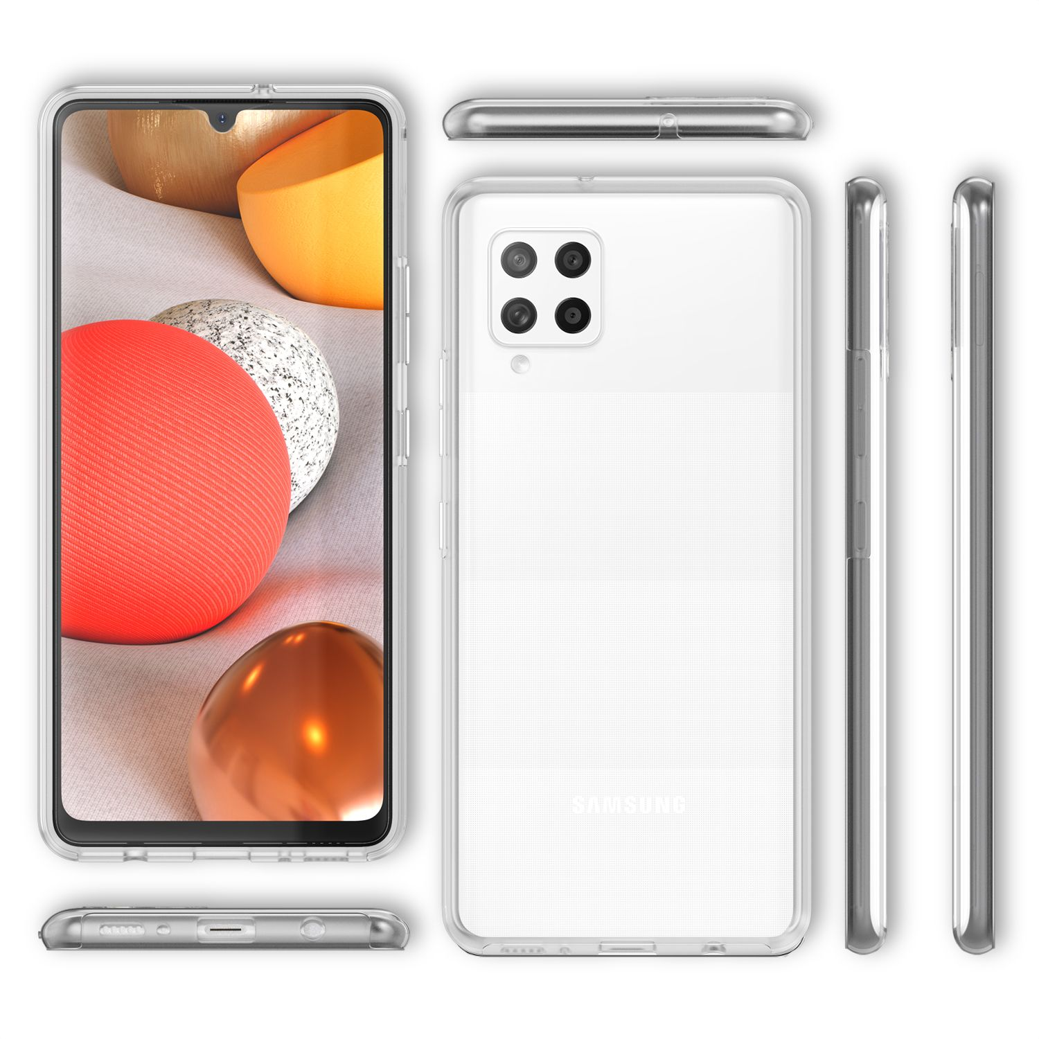 Weißes Telefoncase mit Telefon, zeigt Rückseite, Seiten und Vorderseite des Telefons.