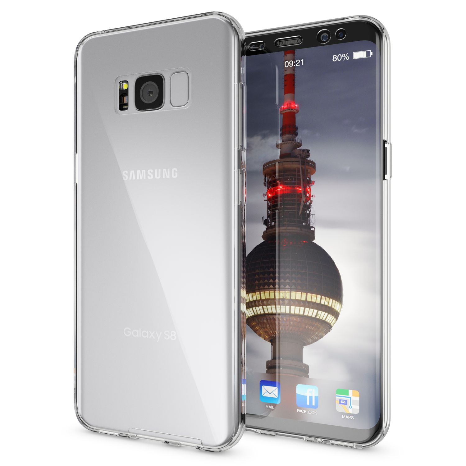 Transparente Handyhülle auf einem Samsung-Telefon, mit Berliner Fernsehturm auf dem Bildschirm.