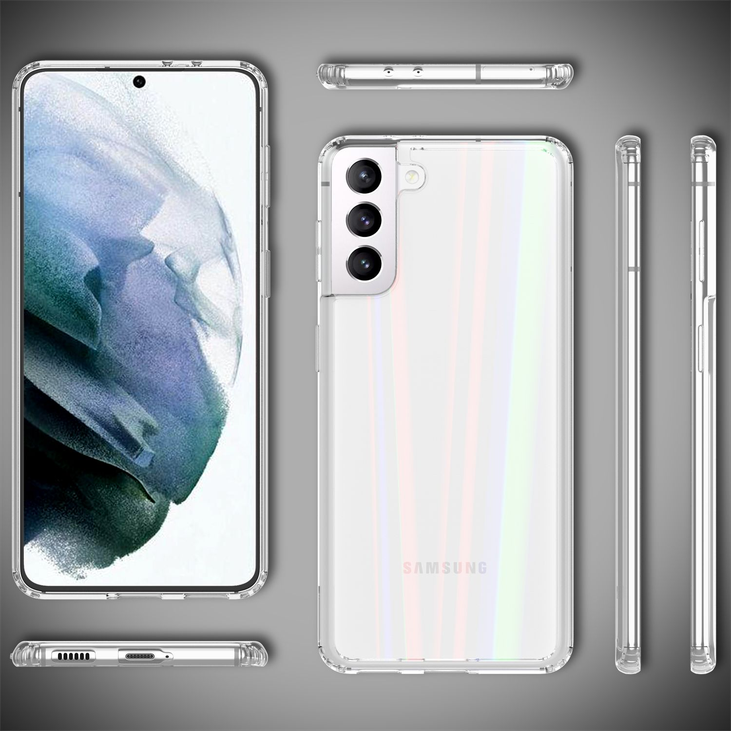 Ein weißes Telefon mit einer transparenten Hülle, das Telefon aus verschiedenen Blickwinkeln zeigend. Die Hülle ist transparent.