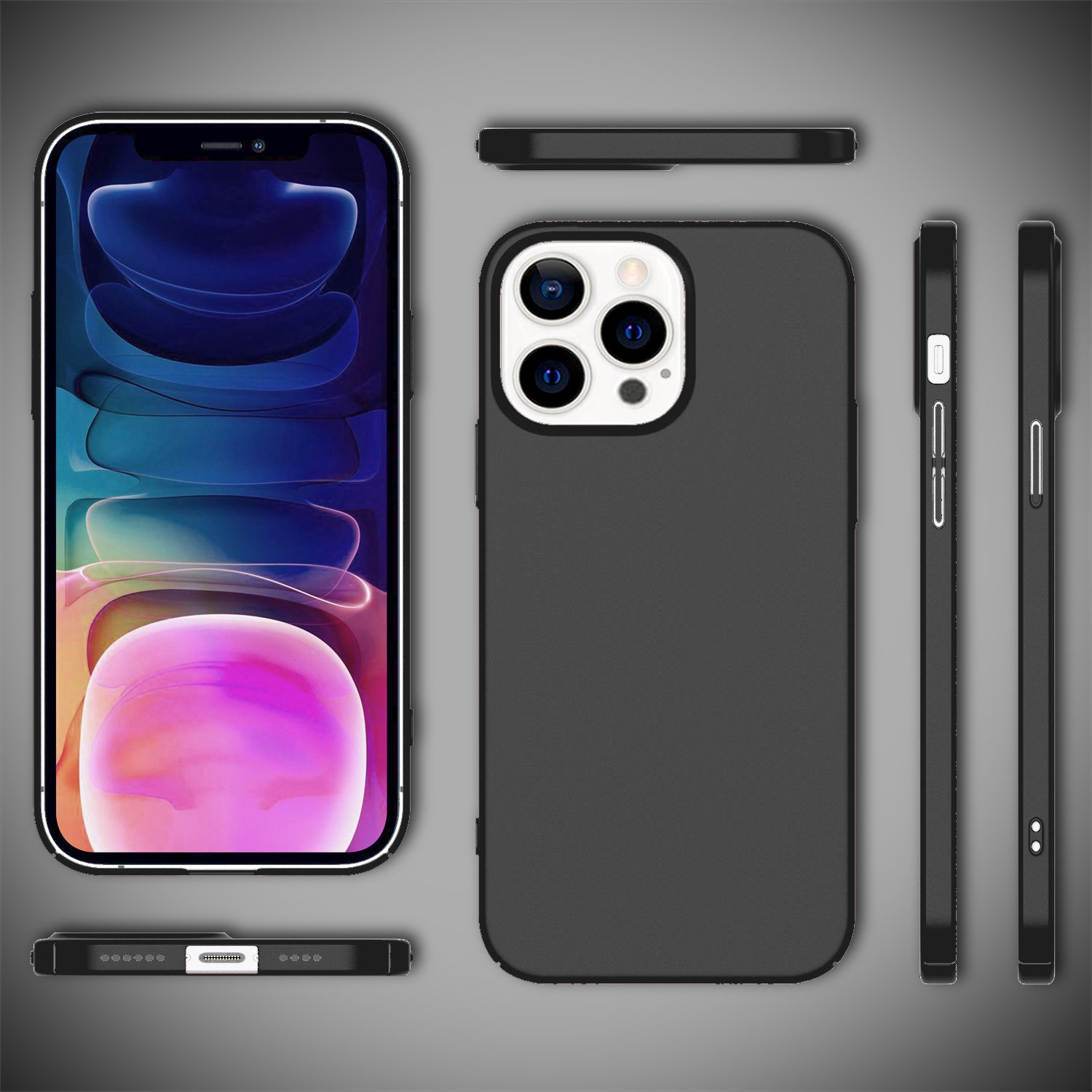 Funda de teléfono negra con teléfono dentro, vistas de la funda desde diferentes ángulos.