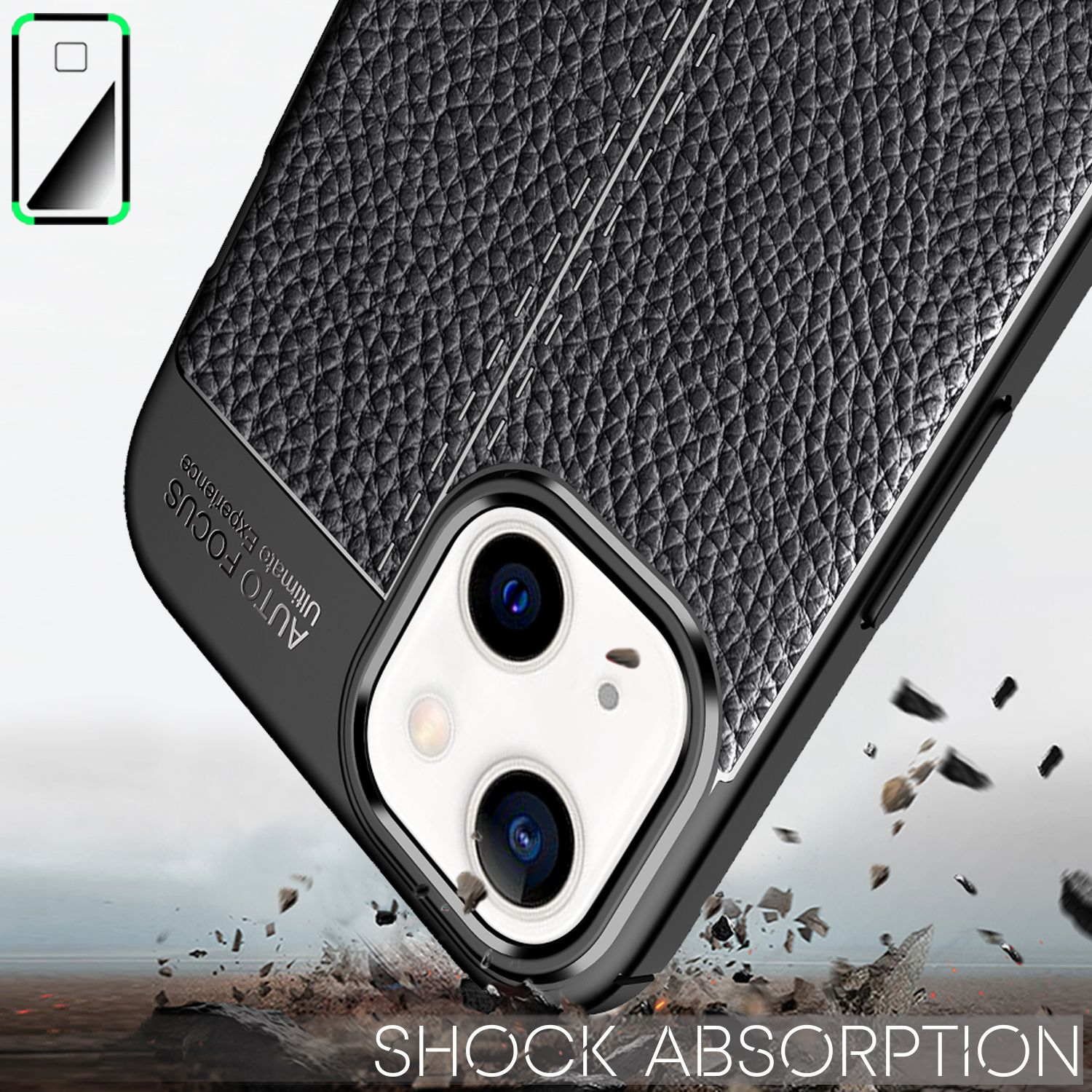 Funda de teléfono negra. Superficie texturizada y detalles de costura. El teléfono está abajo.