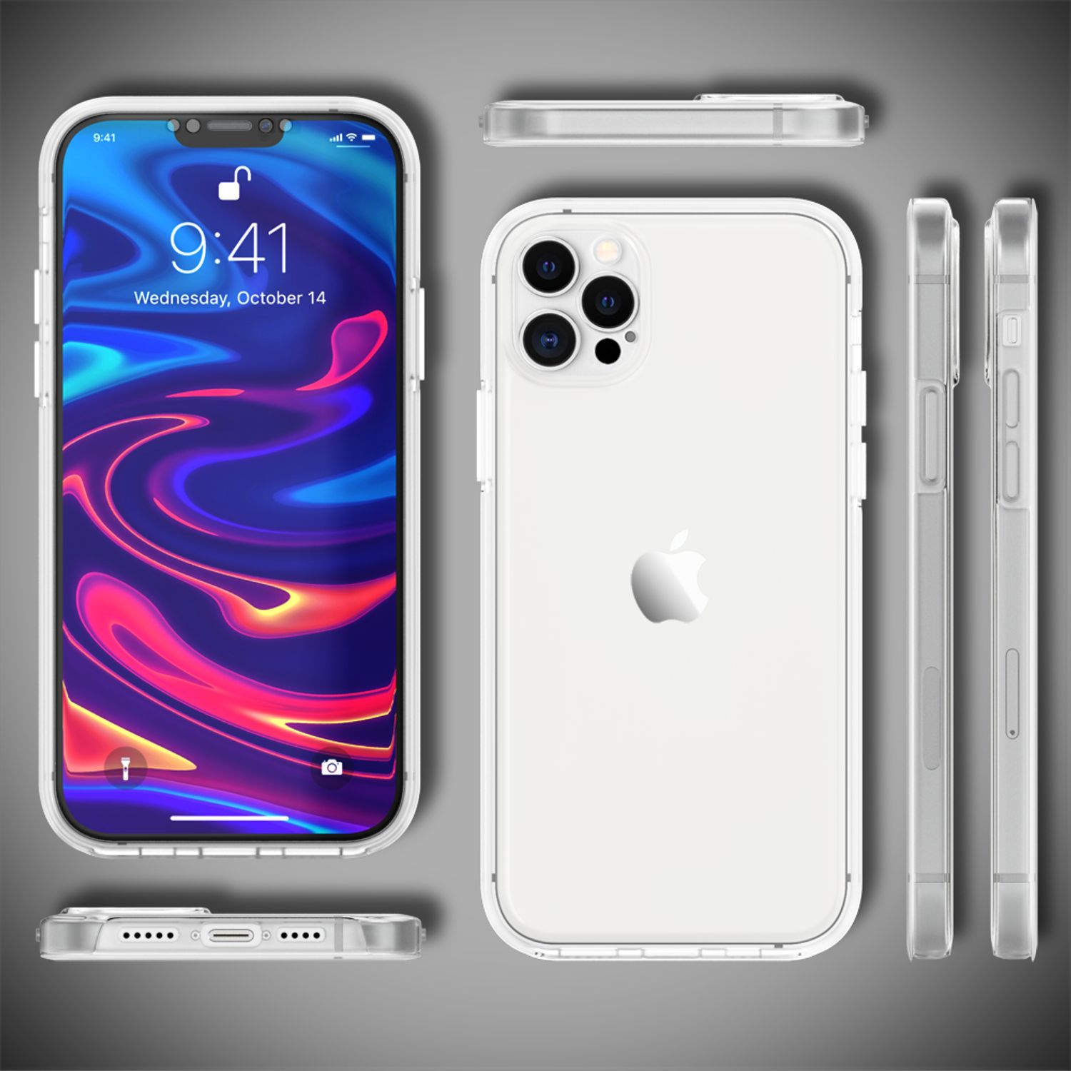 Funda de teléfono transparente. Múltiples vistas del teléfono. La pantalla muestra un diseño abstracto.
