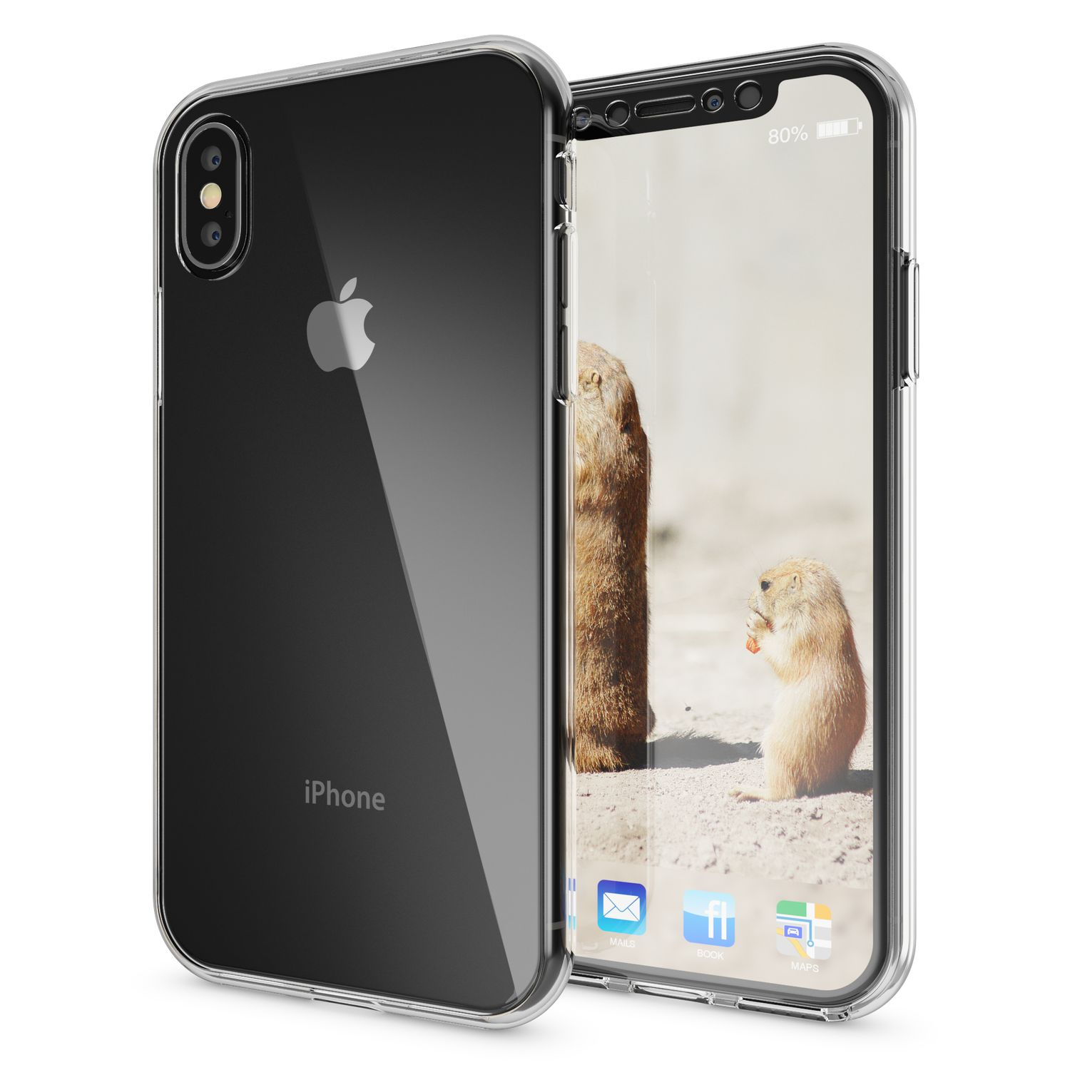 iPhone in einer transparenten Hülle. Der Bildschirm zeigt zwei Präriehunde. Die Hülle ist transparent.