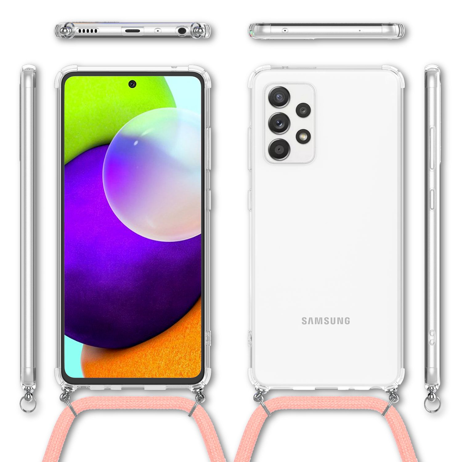 Custodia trasparente per telefono con cinturino rosa. Il telefono è un modello Samsung.