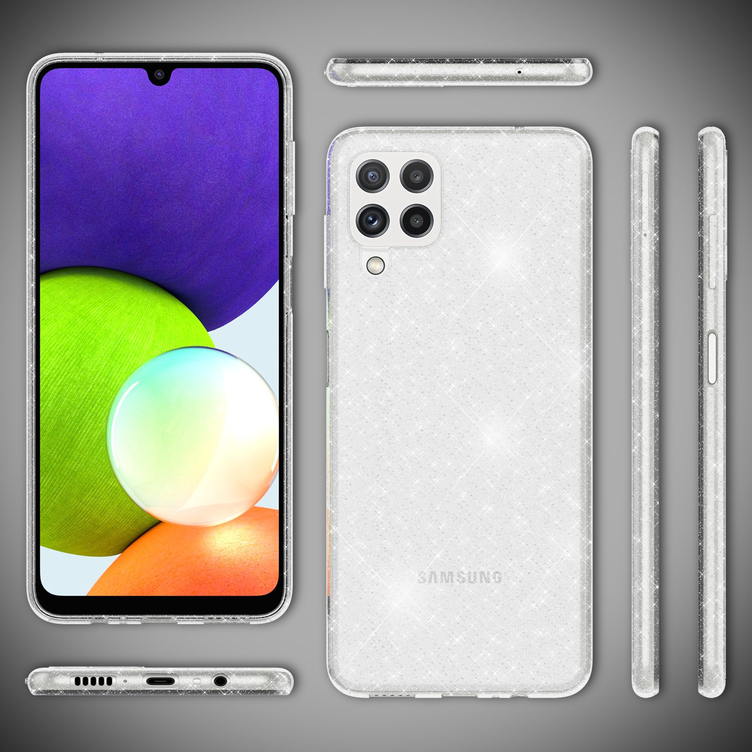 Ein weißes Telefon in einer transparenten Hülle. Mehrere Ansichten des Telefons. Der Bildschirm zeigt ein farbenfrohes Design.